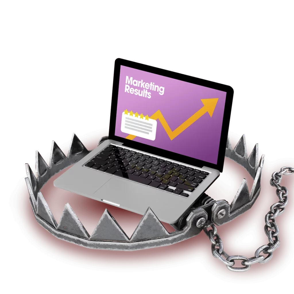 Marketing results, laptop graphic with bear trap- No Contracts, No Obligations, healthcare and clinical research marketing graphic