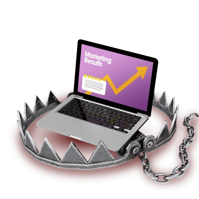 Marketing results, laptop graphic with bear trap- No Contracts, No Obligations, healthcare and clinical research marketing graphic
